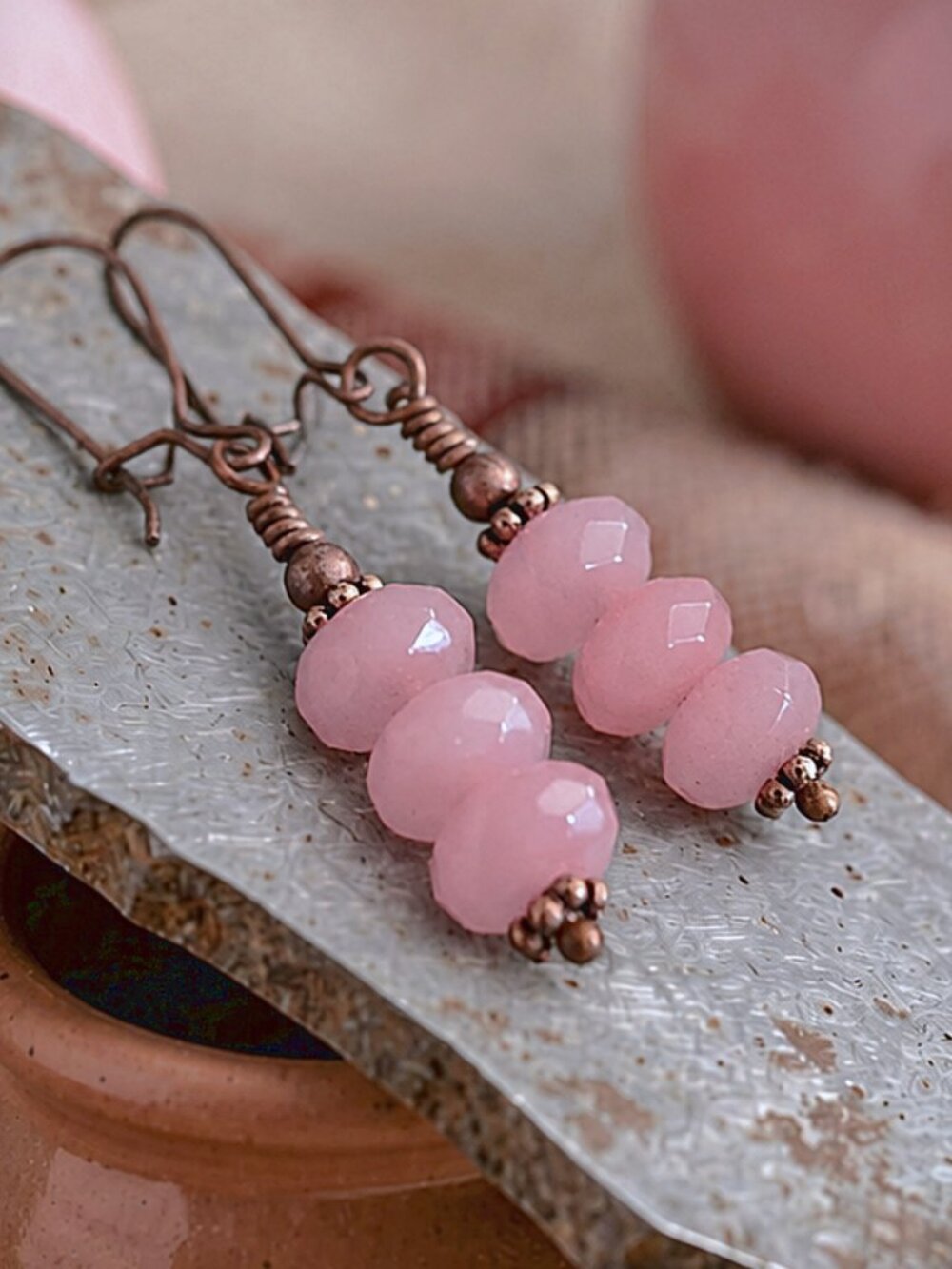 Rose Quartz Copper Dangle Earrings Pink Gemstone Boho Artisan Handmade